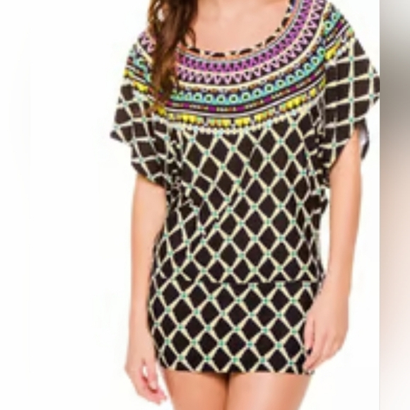 Trina Turk Dress Tunic Swimsuit Beach Pool Cover Up Kon Tiki Slouchy Sleeves - Picture 3 of 9